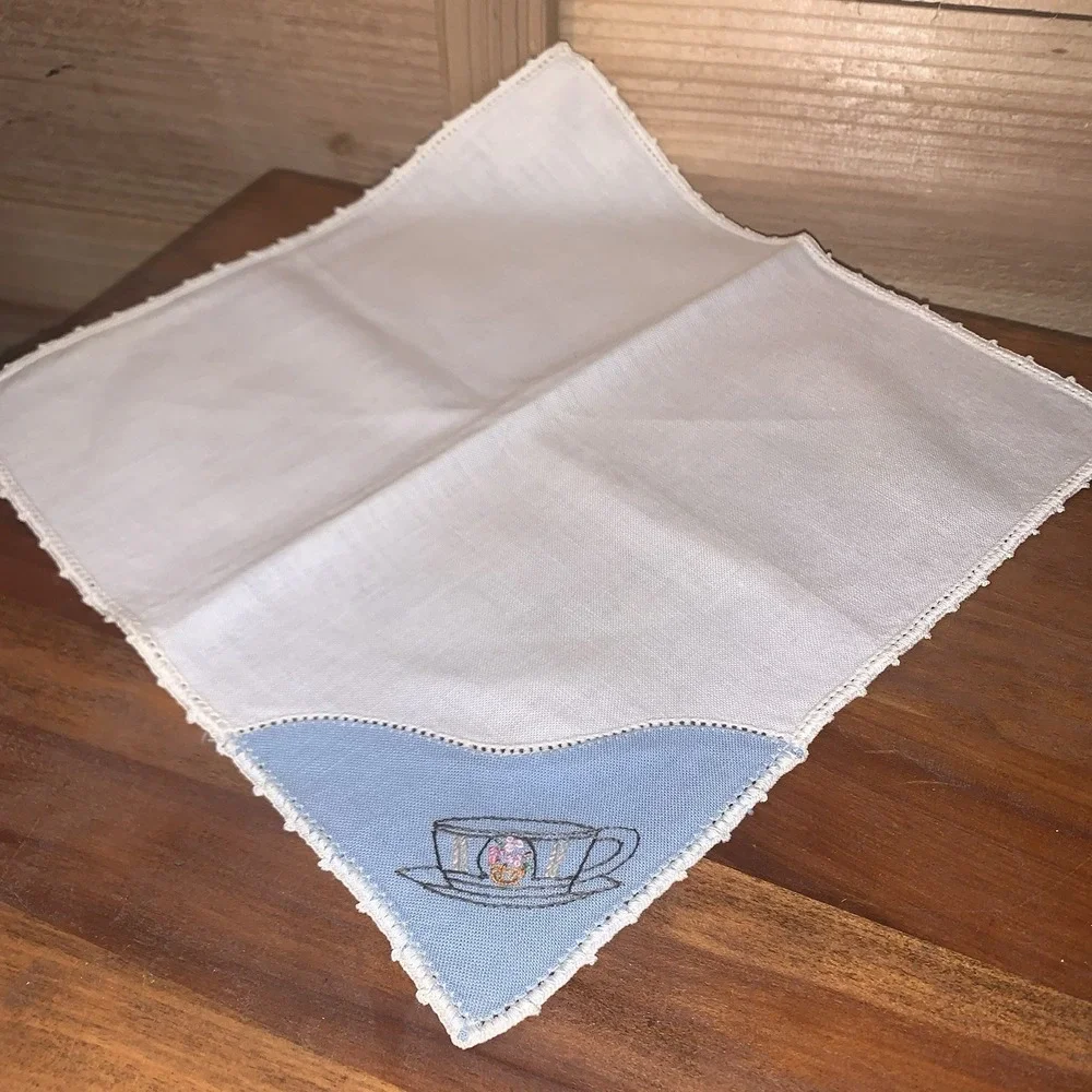 Vintage Hand Stitch Embroidered Cloth Napkins Coffee Tea Cups  11
